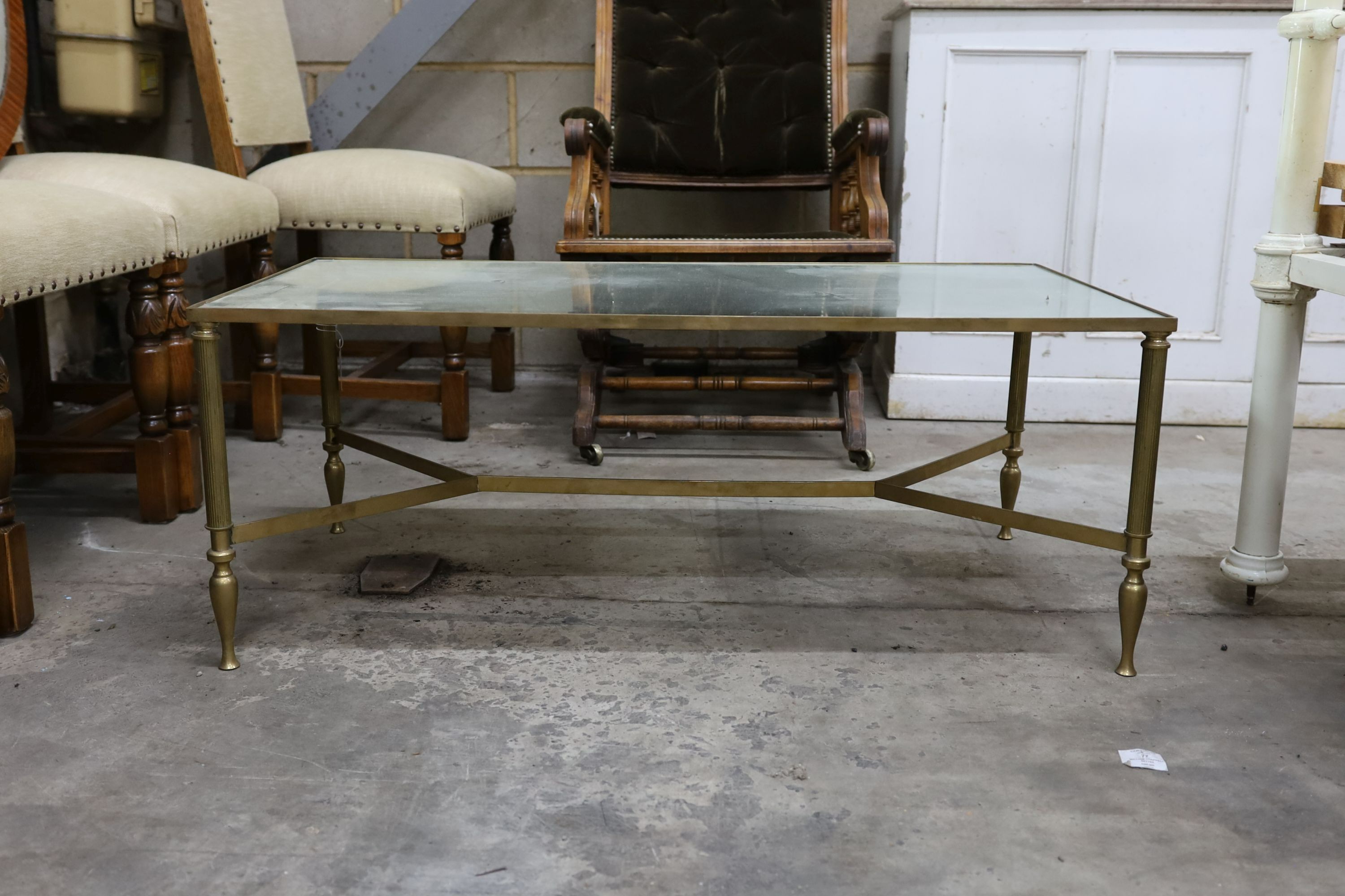 A Maison Jensen style rectangular brass coffee table with mirrored glass top, length 100cm, depth 50cm, height 40cm